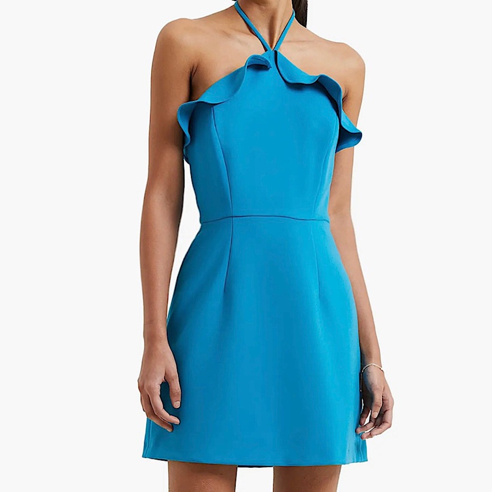 NWT❕FRENCH CONNECTION Whisper Ruth Ruffle Halter Teal Blue Neck Mini Dress